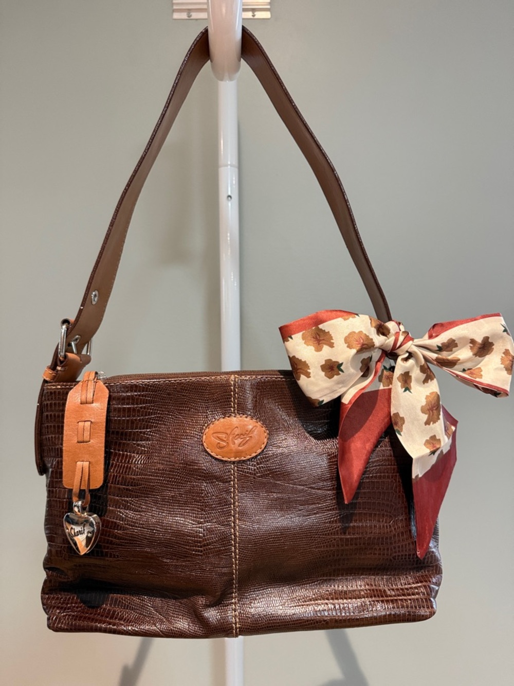Sharif Brown Leather Shoulder Bag with Red & Cream Scarf Accent